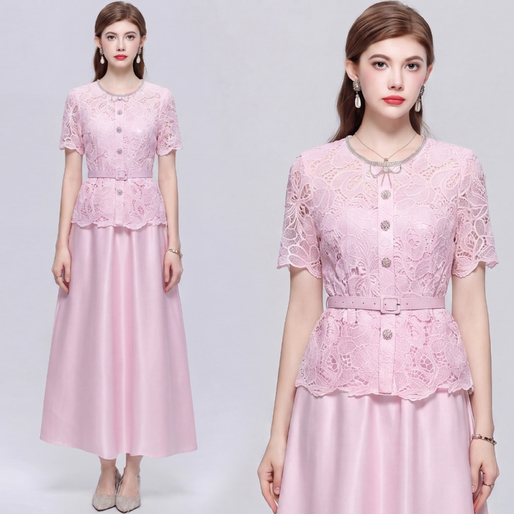 Short sleeve with belt elegant pinched waist Pseudo-two dress