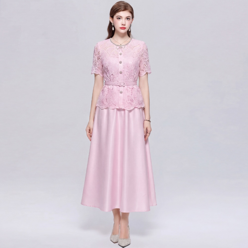 Short sleeve with belt elegant pinched waist Pseudo-two dress