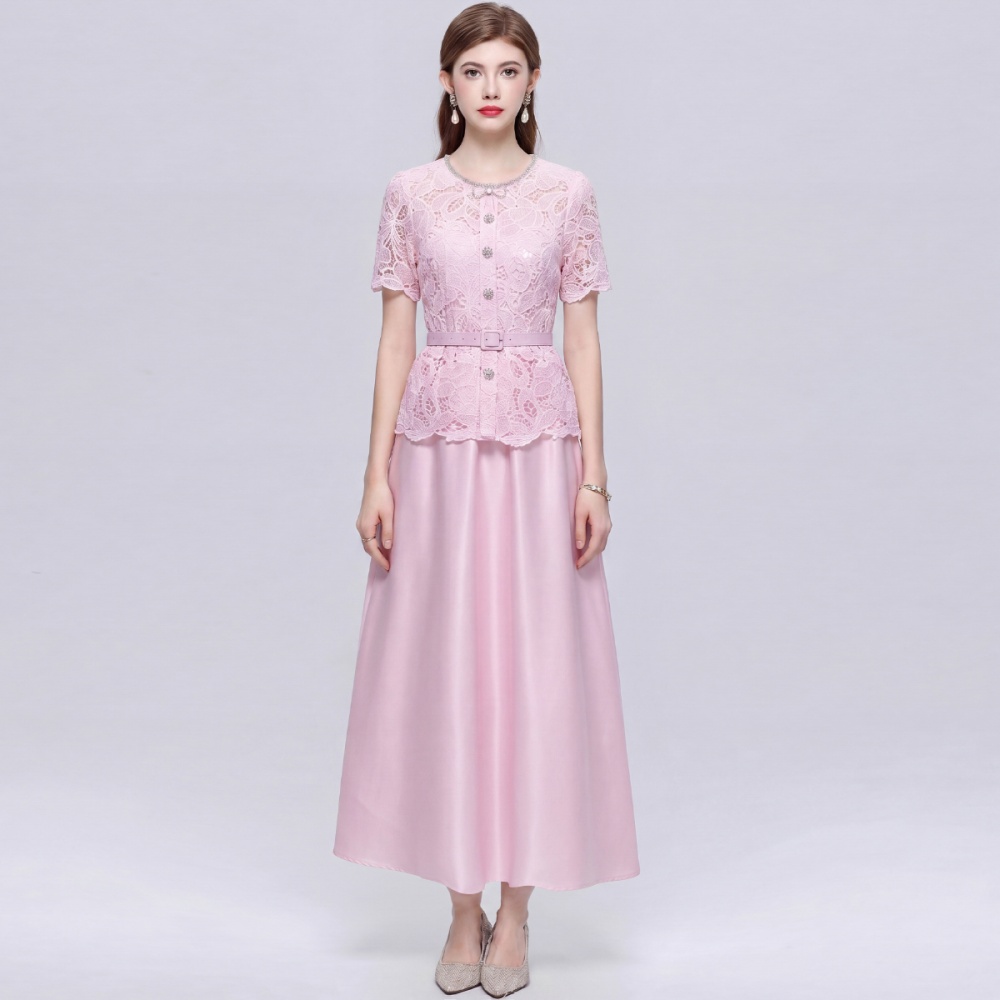 Short sleeve with belt elegant pinched waist Pseudo-two dress