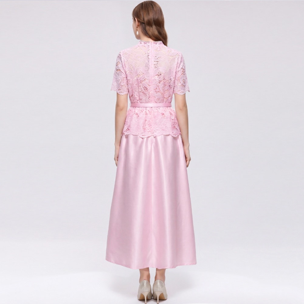 Short sleeve with belt elegant pinched waist Pseudo-two dress