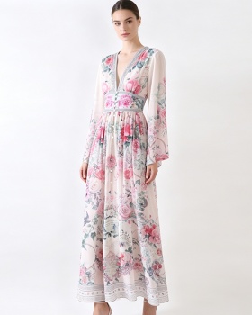 Trumpet sleeves vacation retro canvas V-neck dress
