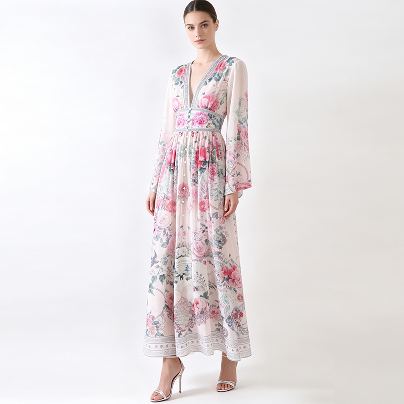 Trumpet sleeves vacation retro canvas V-neck dress