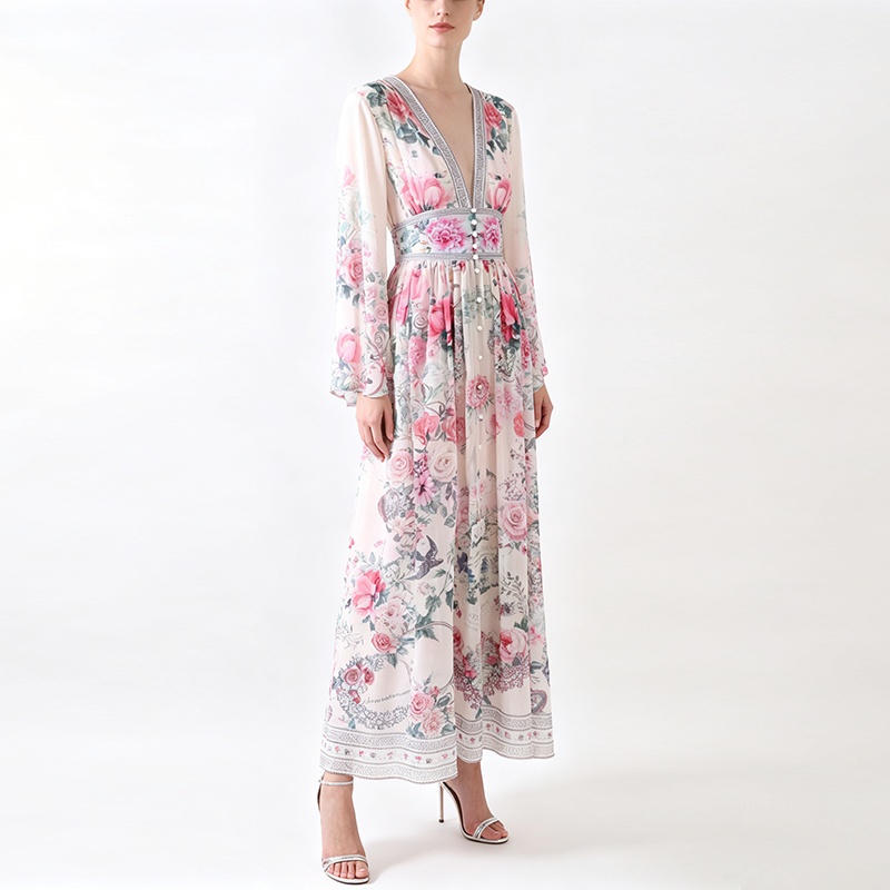 Trumpet sleeves vacation retro canvas V-neck dress