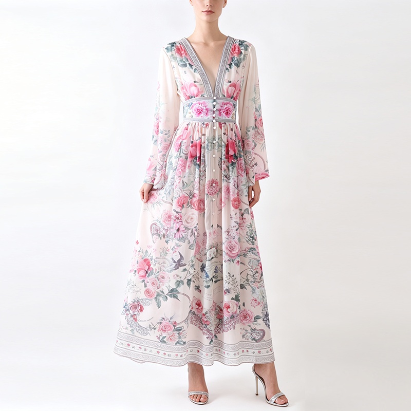 Trumpet sleeves vacation retro canvas V-neck dress