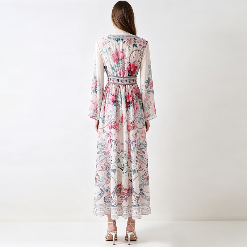 Trumpet sleeves vacation retro canvas V-neck dress
