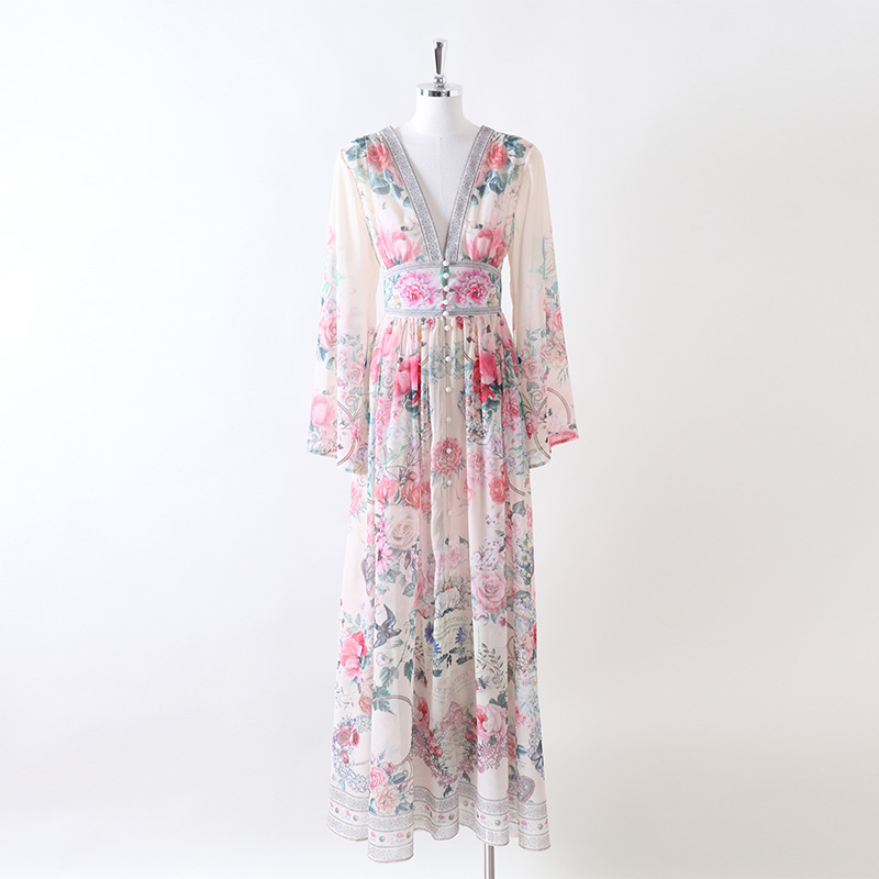 Trumpet sleeves vacation retro canvas V-neck dress