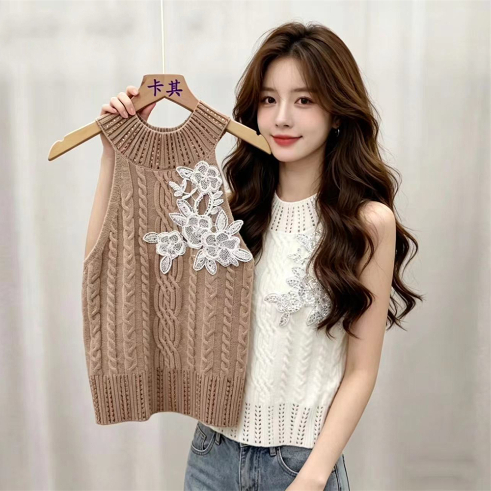 Summer knitted small sling half high collar tops for women