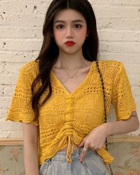 Short hollow sweater slim drawstring tops for women