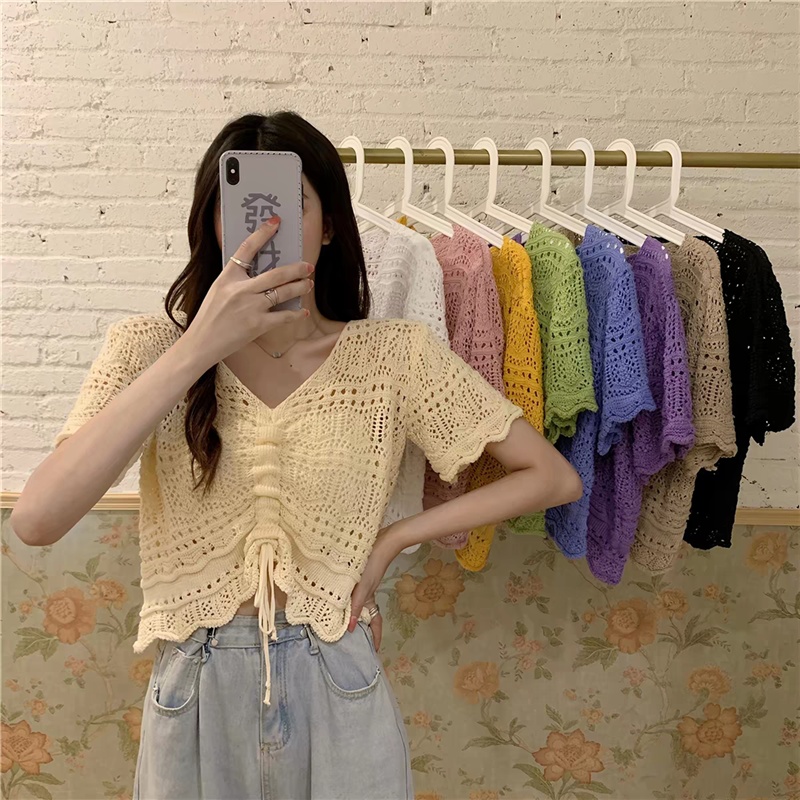 Short hollow sweater slim drawstring tops for women