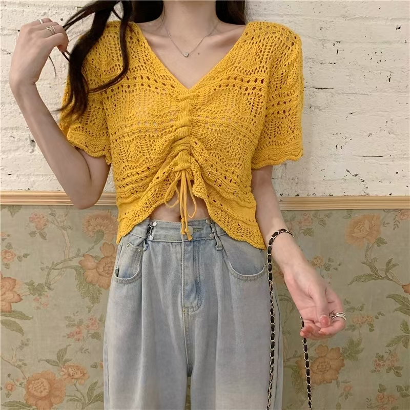 Short hollow sweater slim drawstring tops for women