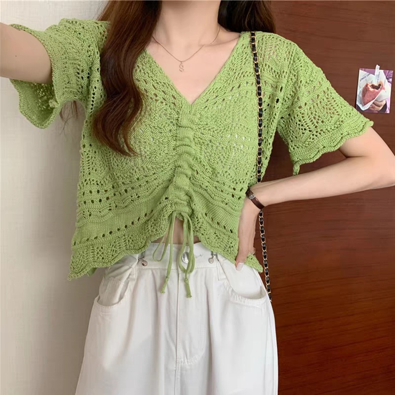 Short hollow sweater slim drawstring tops for women