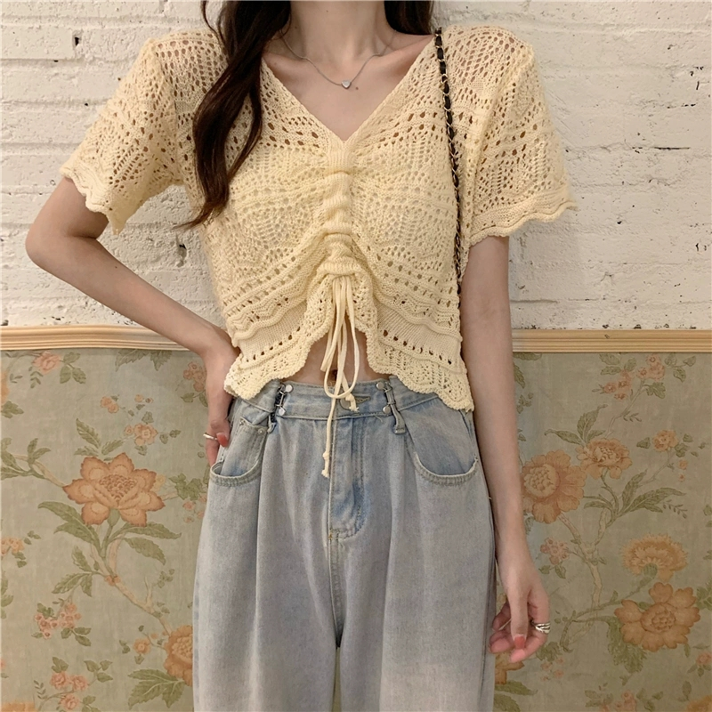 Short hollow sweater slim drawstring tops for women