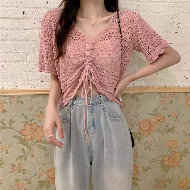 Short hollow sweater slim drawstring tops for women
