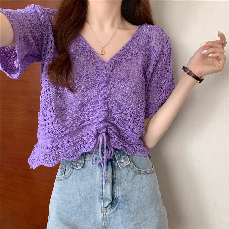 Short hollow sweater slim drawstring tops for women