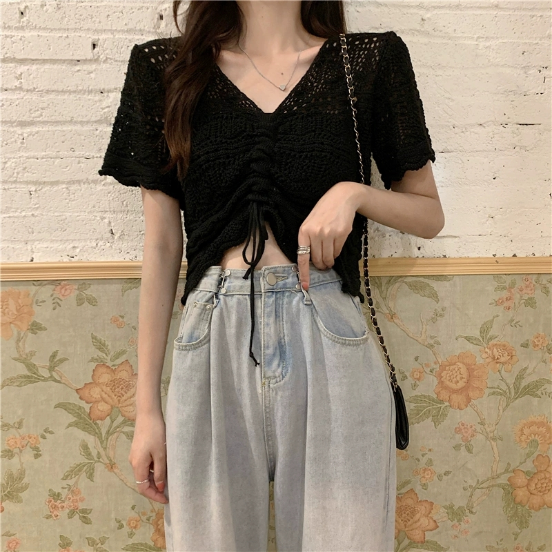 Short hollow sweater slim drawstring tops for women