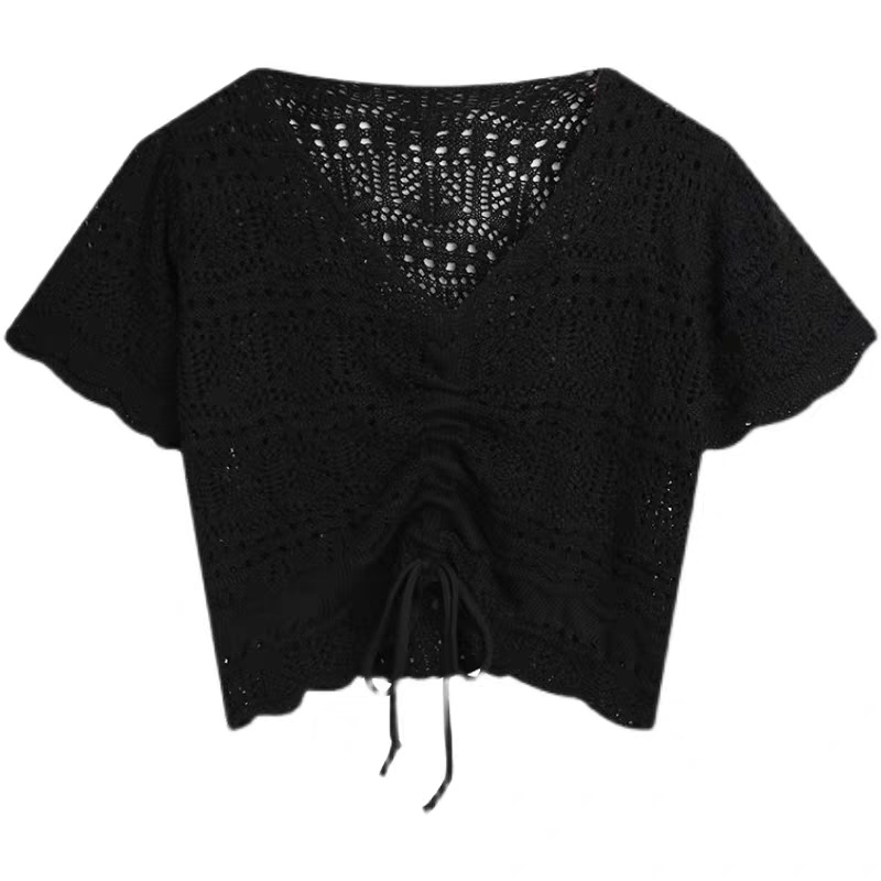Short hollow sweater slim drawstring tops for women