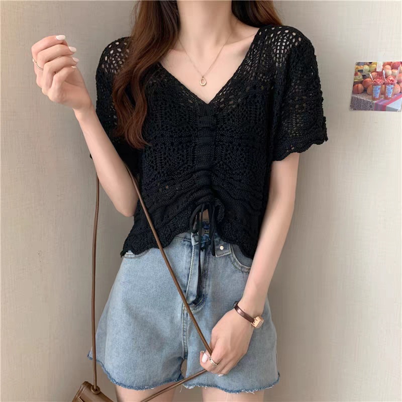 Short hollow sweater slim drawstring tops for women