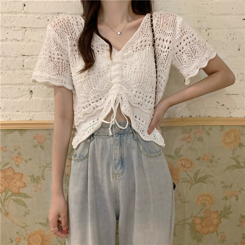 Short hollow sweater slim drawstring tops for women