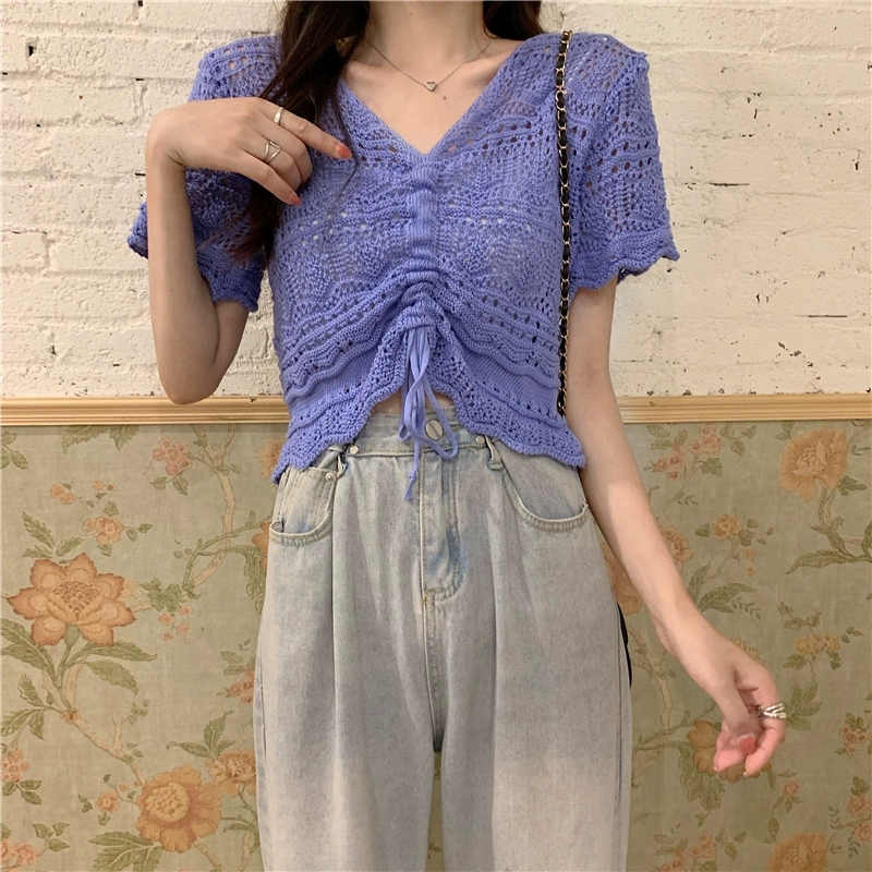 Short hollow sweater slim drawstring tops for women
