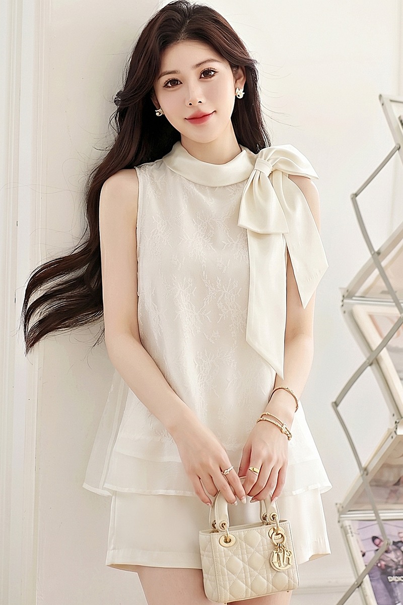France style temperament bow tops lace sleeveless loose vest