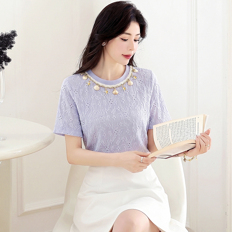 Hollow temperament summer T-shirt round neck shell tops
