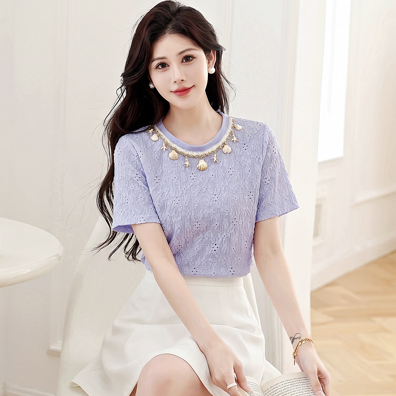 Hollow temperament summer T-shirt round neck shell tops