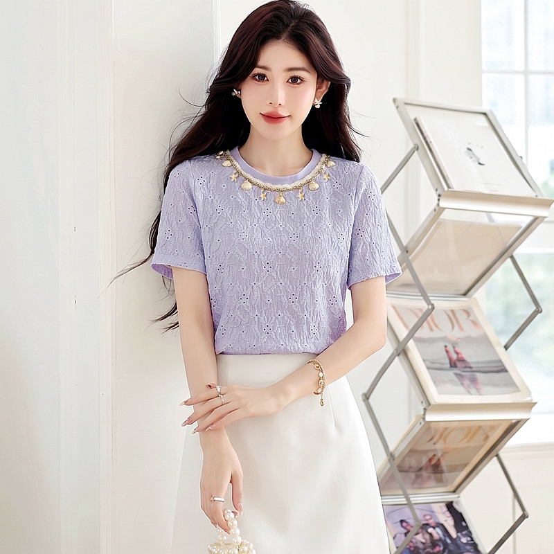 Hollow temperament summer T-shirt round neck shell tops