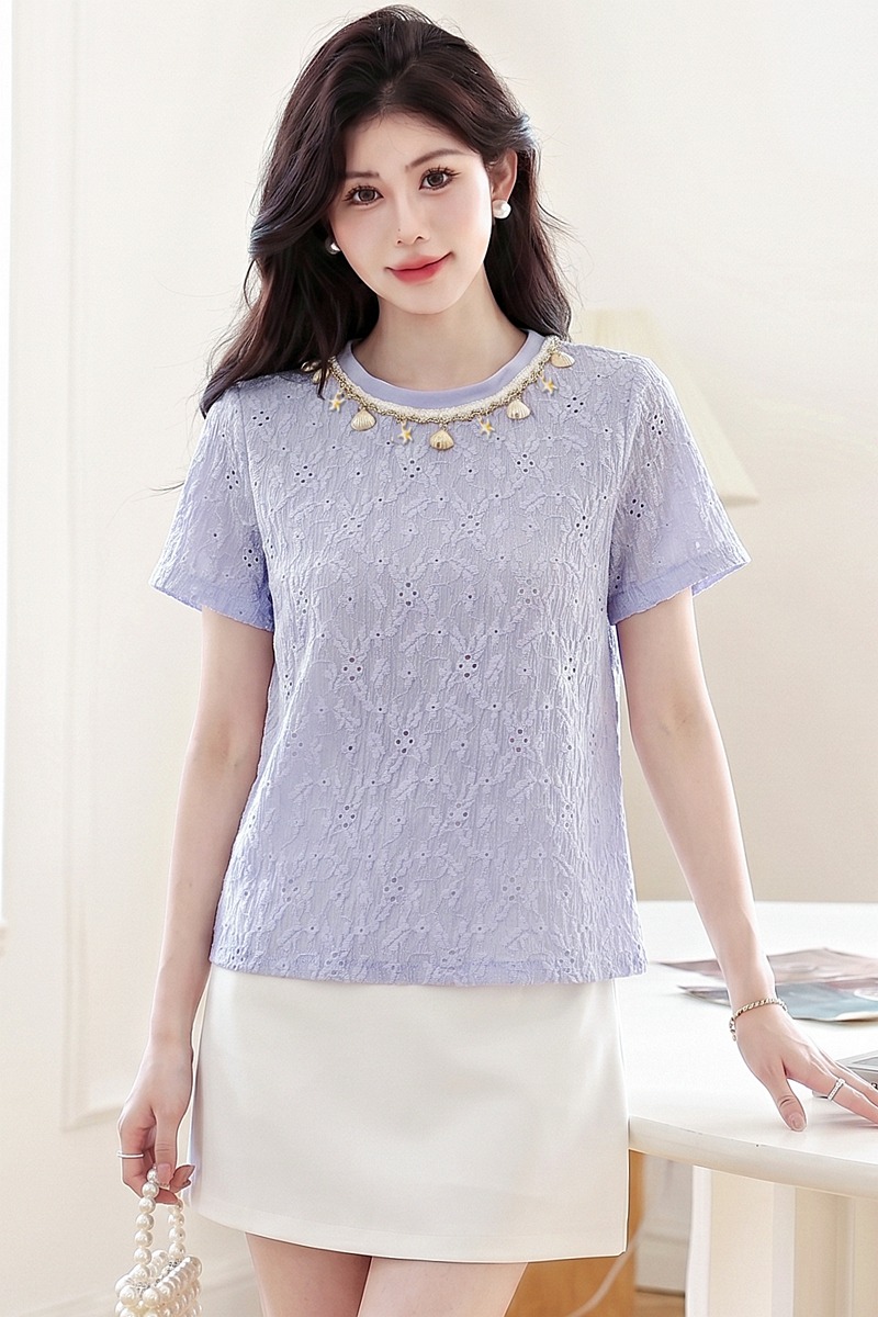Hollow temperament summer T-shirt round neck shell tops