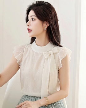 Summer apricot chiffon shirt bow sweet tops for women