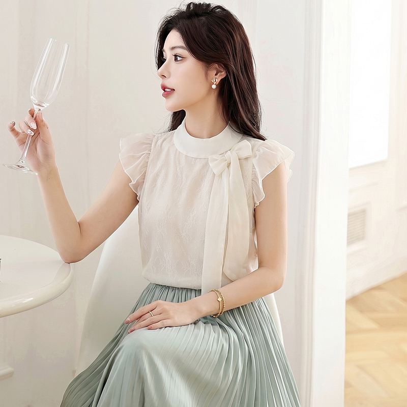 Summer apricot chiffon shirt bow sweet tops for women