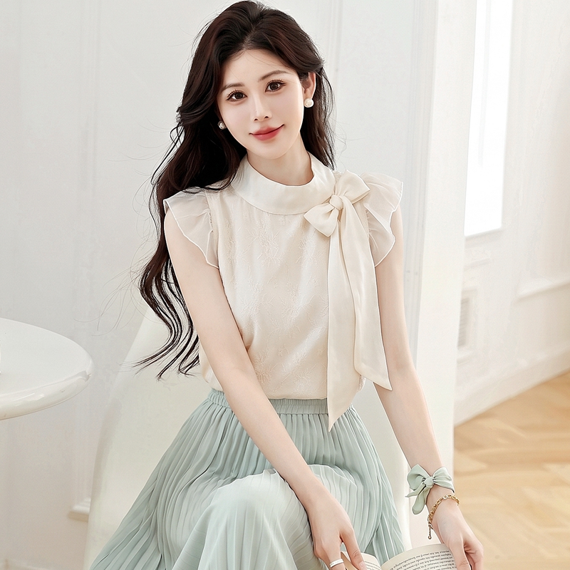 Summer apricot chiffon shirt bow sweet tops for women