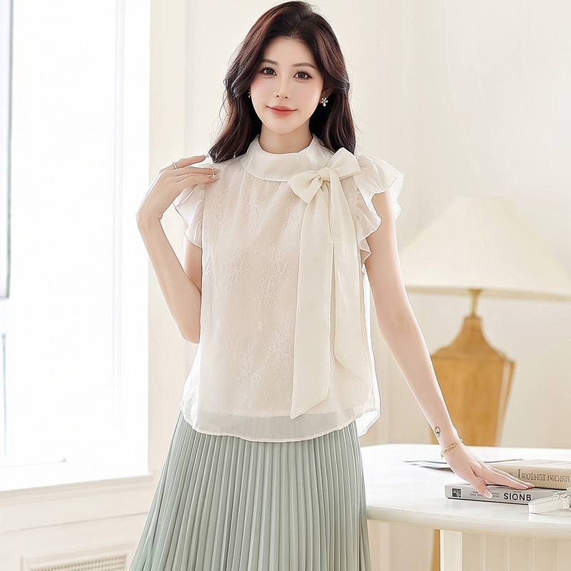 Summer apricot chiffon shirt bow sweet tops for women