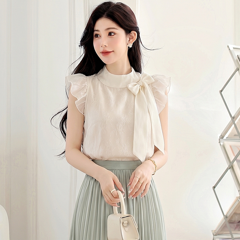 Summer apricot chiffon shirt bow sweet tops for women