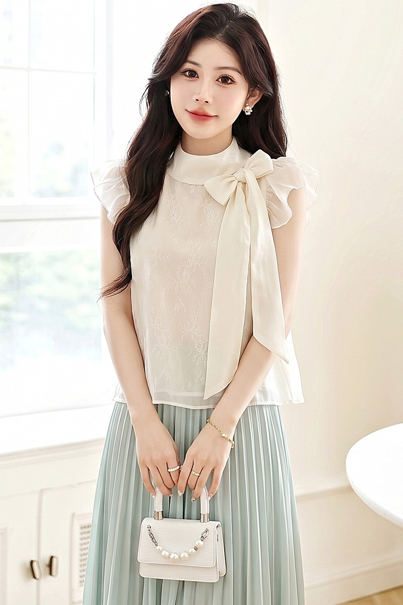 Summer apricot chiffon shirt bow sweet tops for women