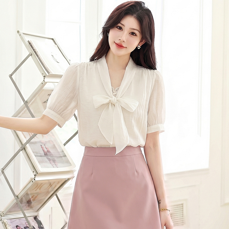 Short sleeve all-match tops lace unique chiffon shirt for women