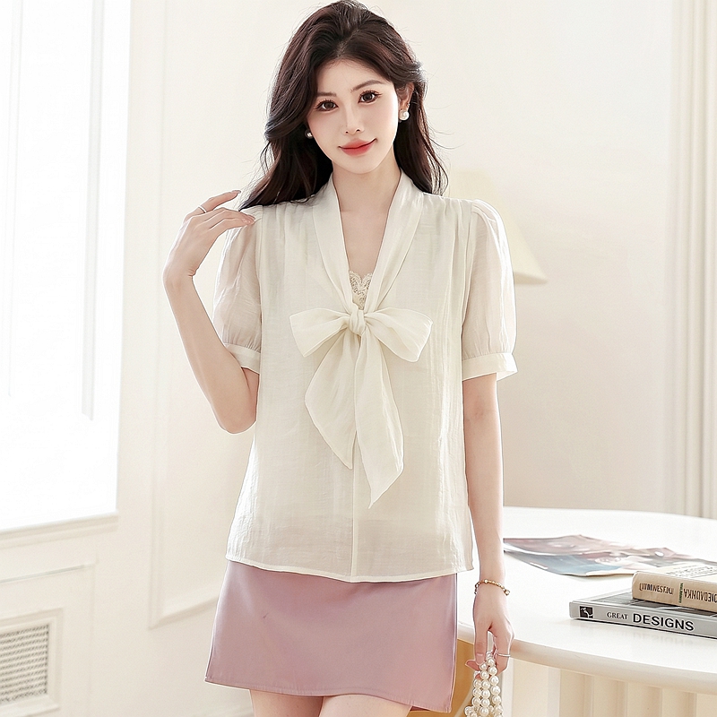 Short sleeve all-match tops lace unique chiffon shirt for women