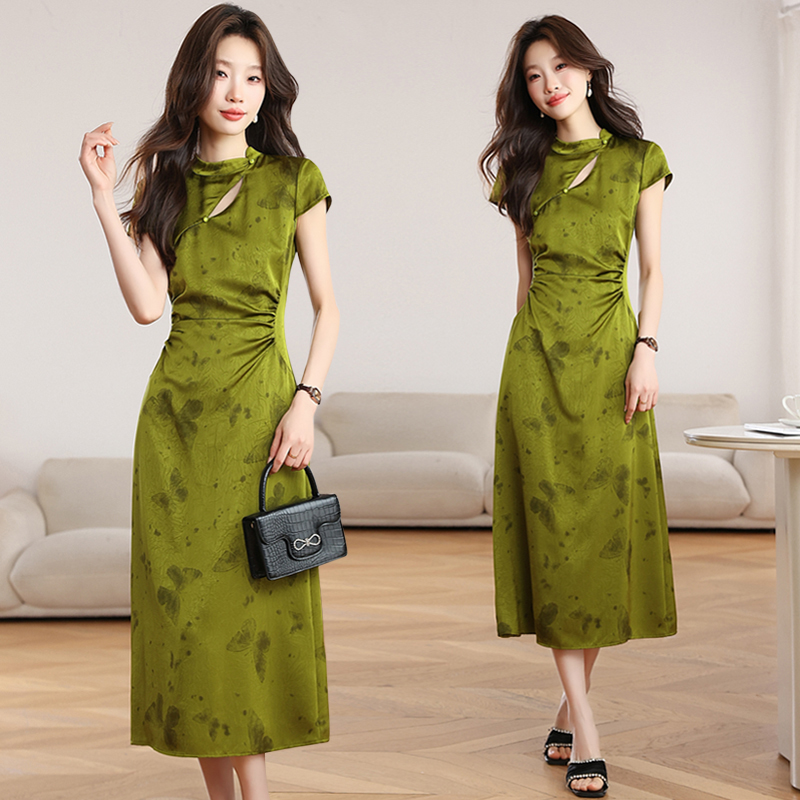 Chinese style satin dress summer was white cheongsam for women