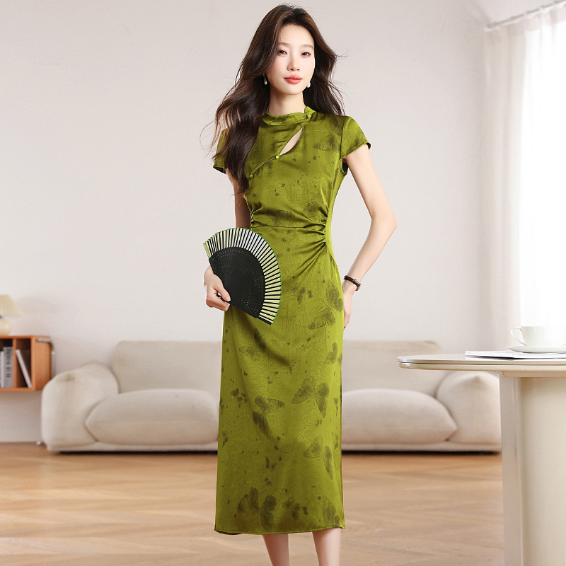 Chinese style satin dress summer was white cheongsam for women