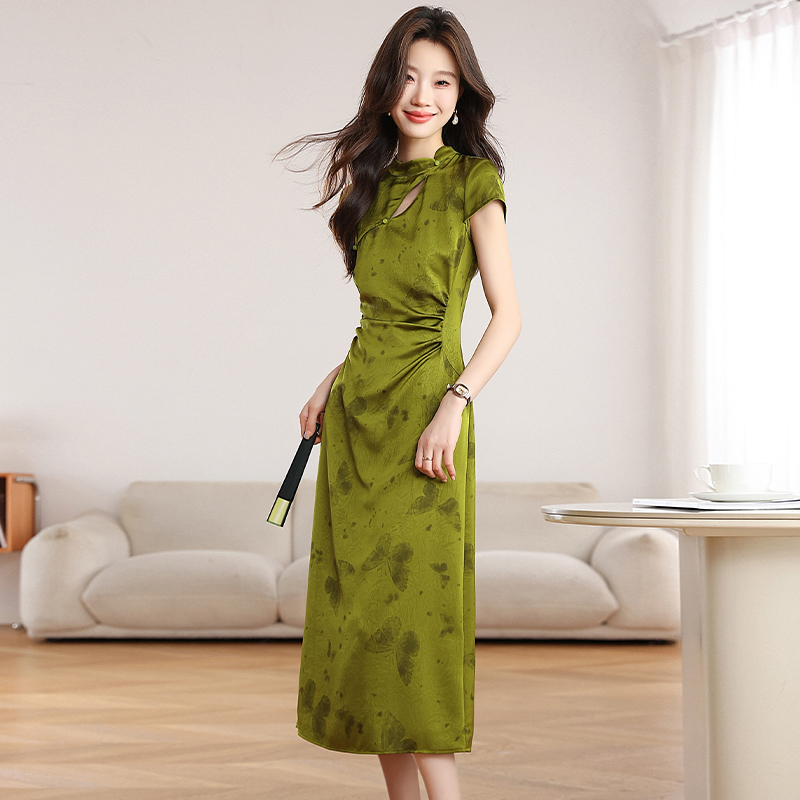 Chinese style satin dress summer was white cheongsam for women