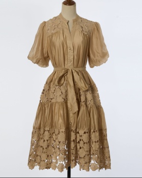 Lace V-neck summer puff sleeve romantic style dress