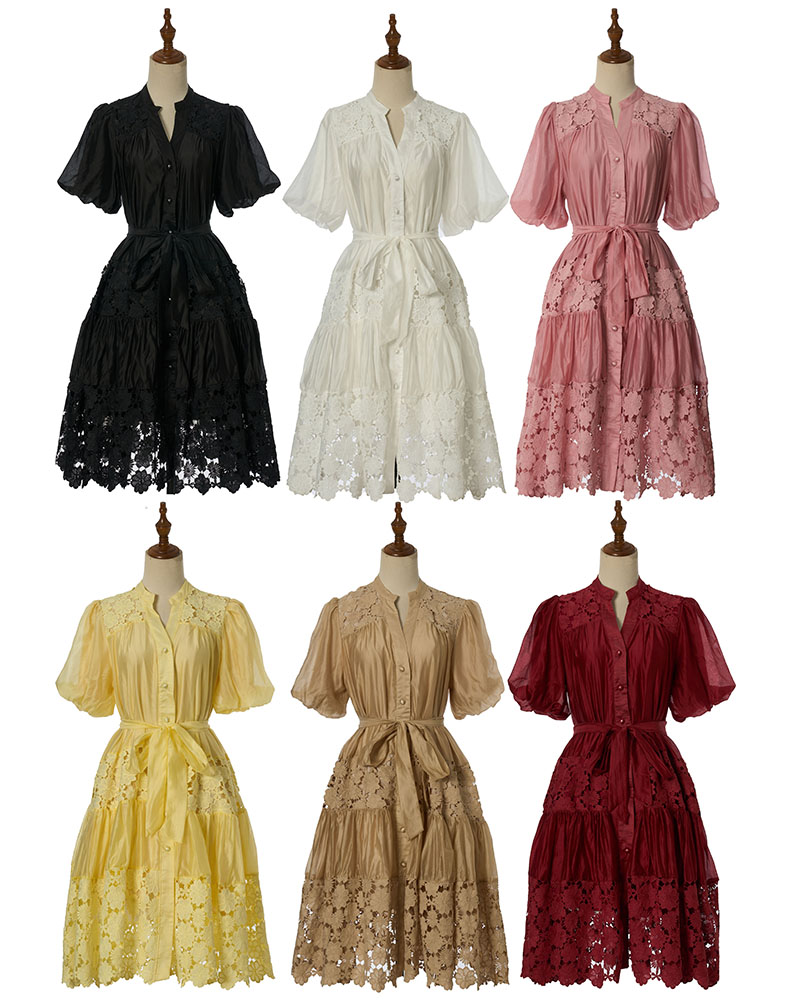 Lace V-neck summer puff sleeve romantic style dress