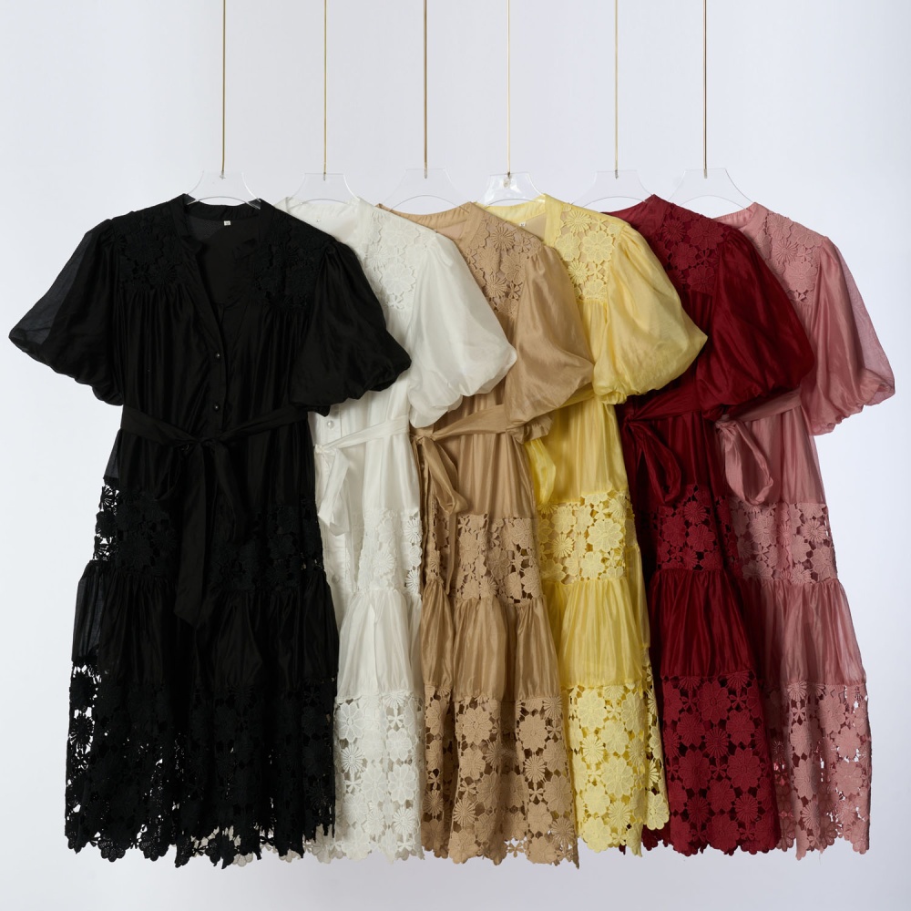 Lace V-neck summer puff sleeve romantic style dress