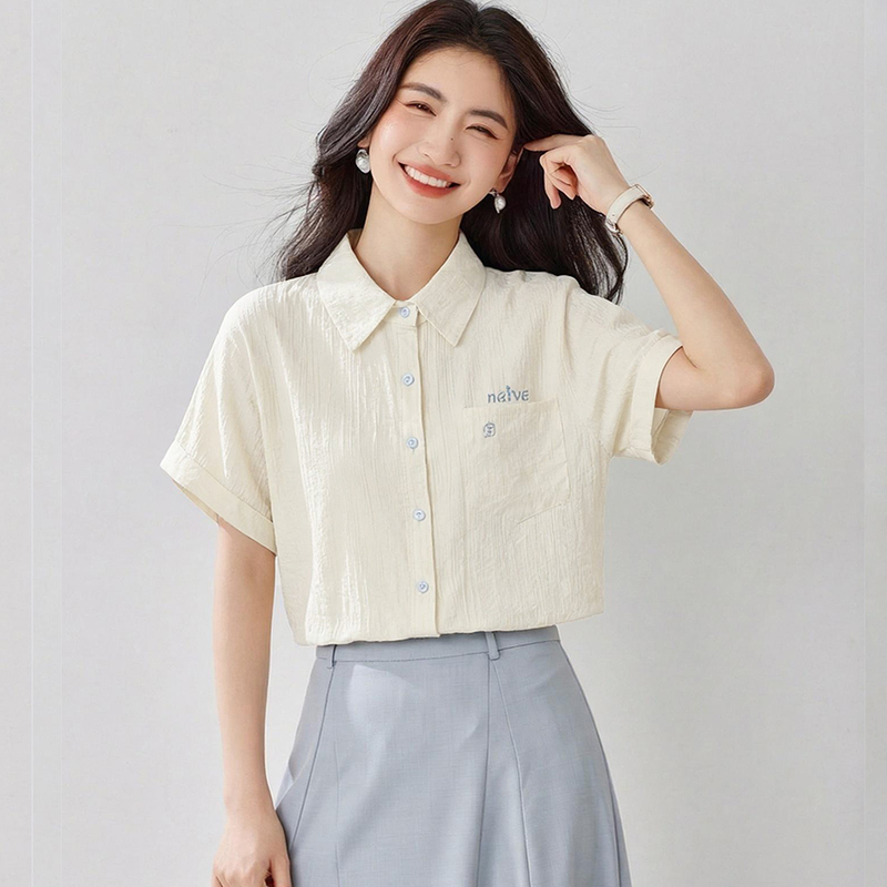 Niche embroidery shirt beige loose tops for women