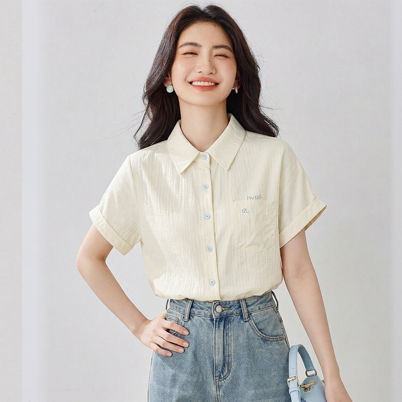 Niche embroidery shirt beige loose tops for women