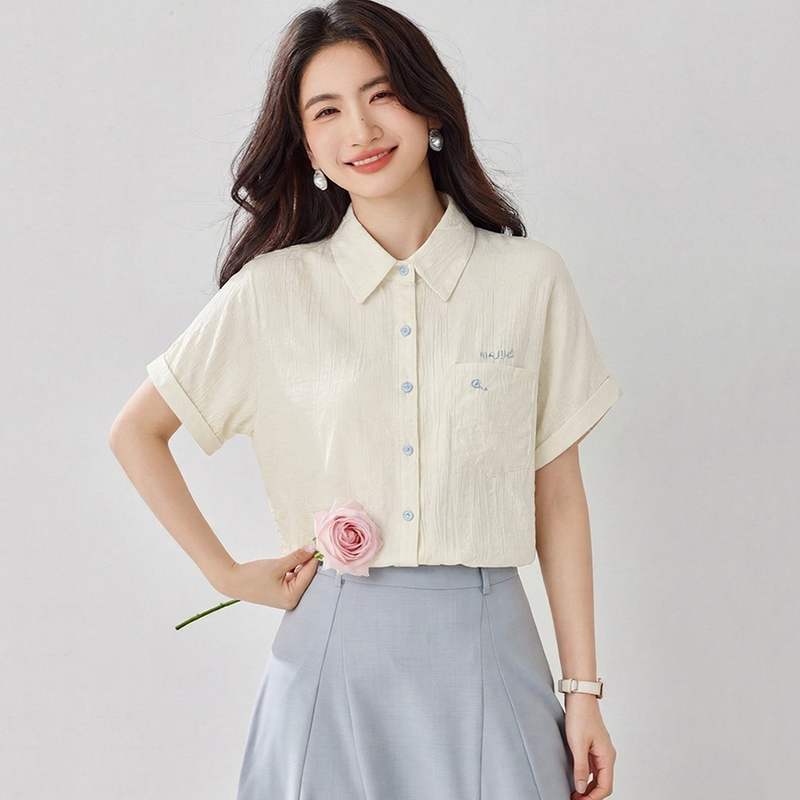 Niche embroidery shirt beige loose tops for women