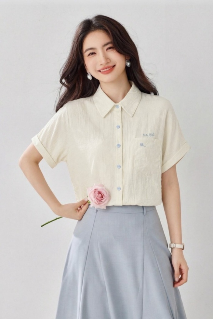 Niche embroidery shirt beige loose tops for women