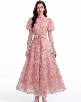 Short sleeve lace A-line single-breasted cstand collar dress