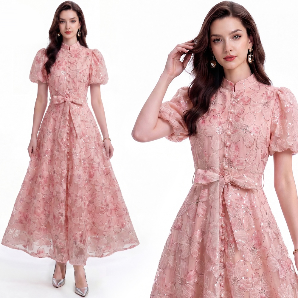Short sleeve lace A-line single-breasted cstand collar dress