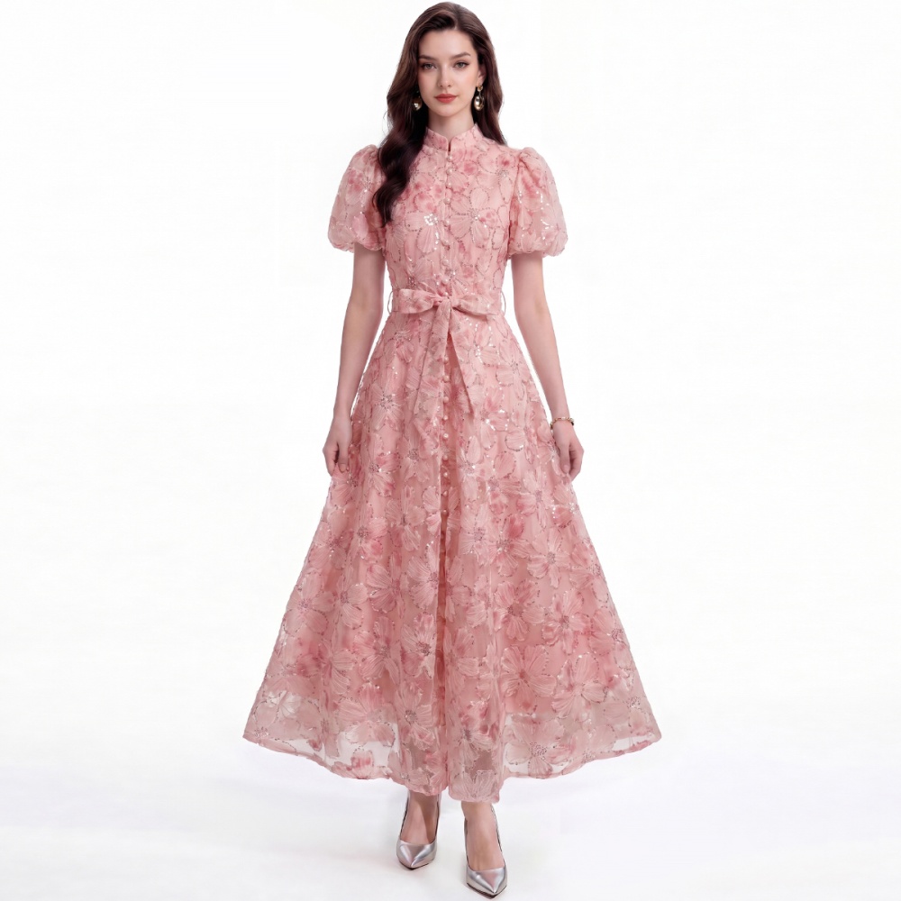 Short sleeve lace A-line single-breasted cstand collar dress