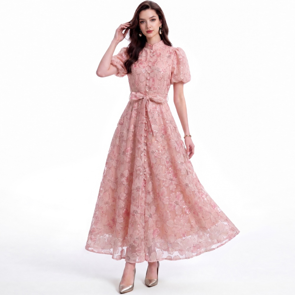 Short sleeve lace A-line single-breasted cstand collar dress